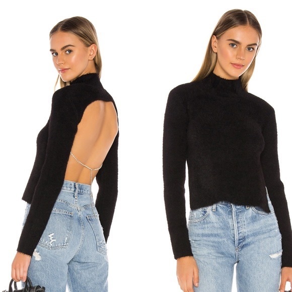 Revolve H:OURS Bree Sweater Open Back Fuzzy Knit Fabric in Black Size Small - Picture 3 of 7